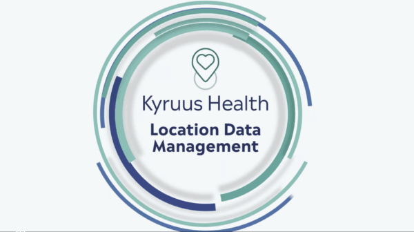 Kyruus Health Location Data Management logo with concentric circular design elements and a location pin icon containing a heart symbol.